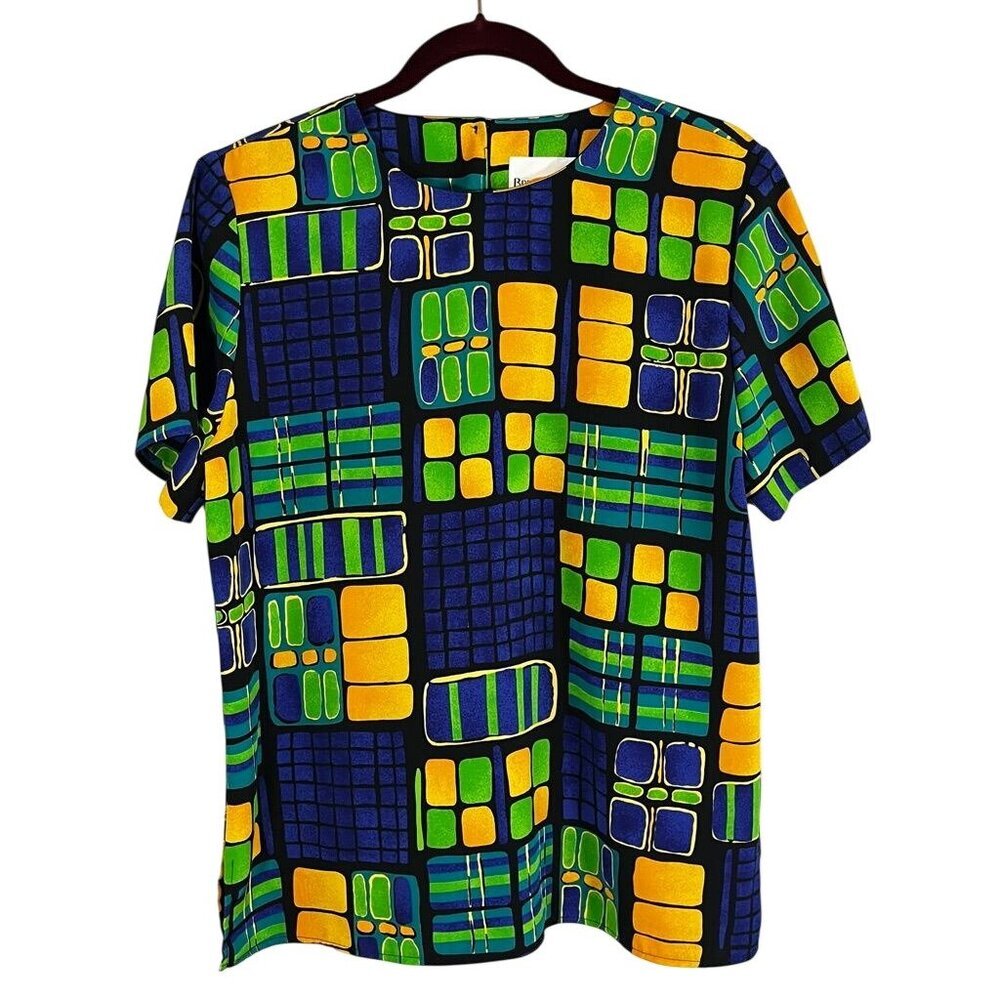 Vintage Geometric Colorful‎ Top Green S 90s Colorblock Mod Pop Art Artsy Retro